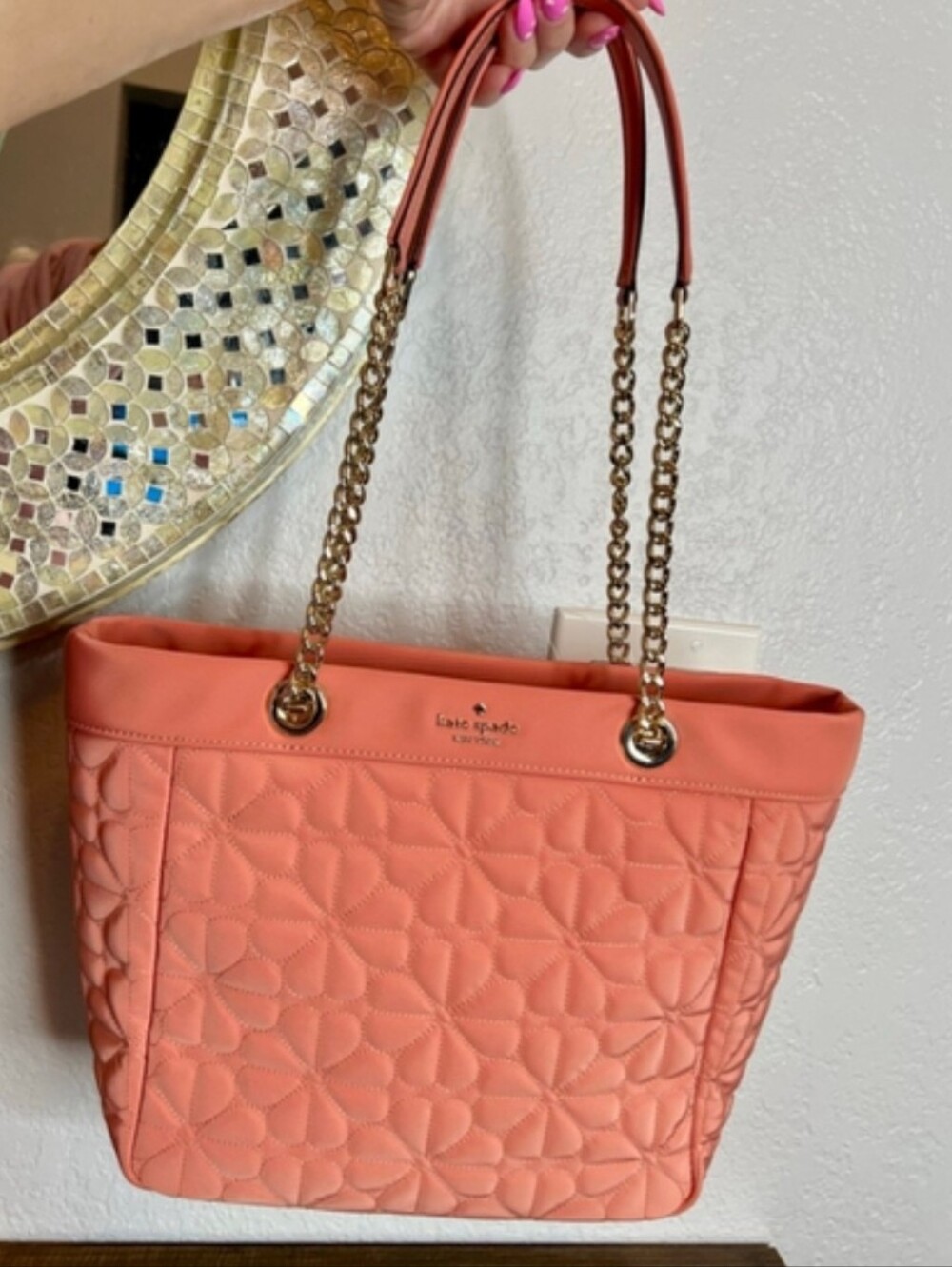Kate Spade Terracotta Pink Coral Quilted Floral Tote with Chain Straps